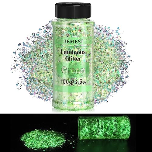 Glow in The Dark Glitter 100g Green Luminous Chunky Mix – Holographic Cosmetic Glitter for Resin, Face, Body, Nails, Halloween, Crafts and Tumbler Decoration