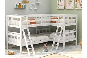 BOVZA Corner L Shaped Twin Bunk Bed for 4, Quad Bunk Bed with 2 Angle Ladders and Guardrails, L-Shaped Bunk Bed Twin Over Twin, Wood Twin Bunk Beds for 4 Kids Boys Girls Teens, White