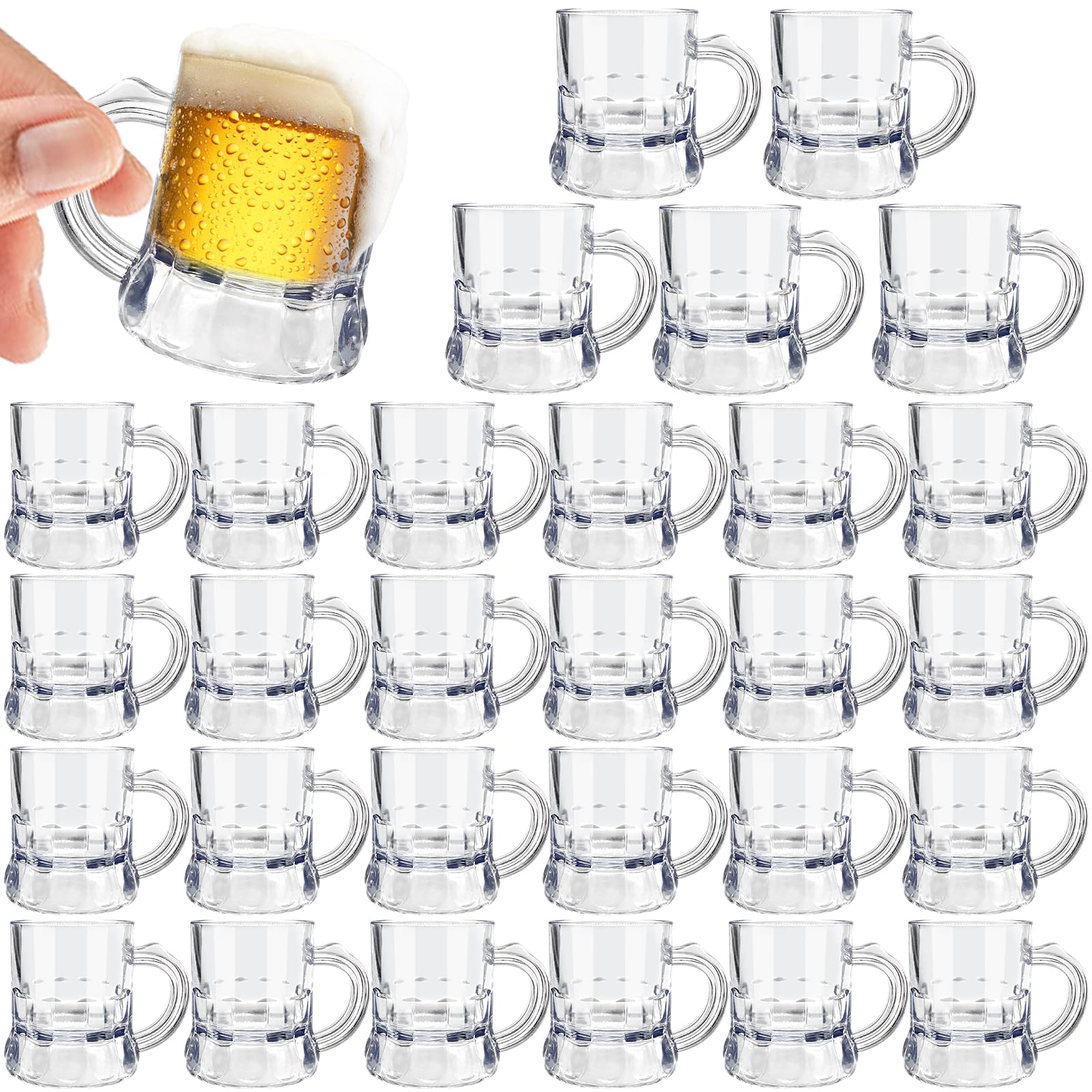 Photo 1 of Irrmshr 30 Pcs Mini Plastic Beer Mugs, 1 oz Clear Plastic Shot Glasses with Handles, Reusable Beer Stein Tasting Glasses for Drinking, Festival, Party, BBQ