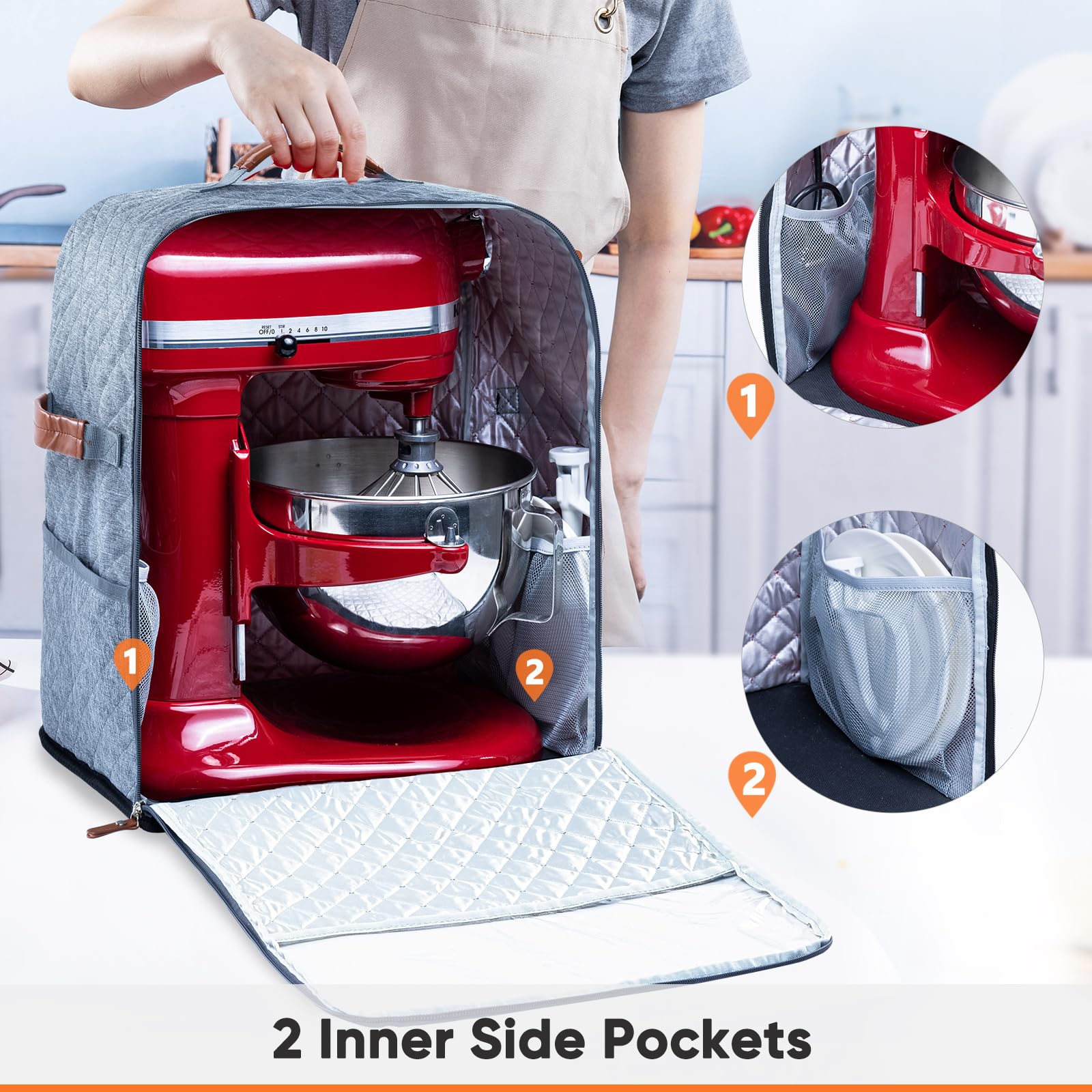BAGSPRITE Stand Mixer Cover with Appliance Sliders Base Compatible with KitchenAid Mixer-Storage Bag for 6/7/8 Quart with Pockets for Kitchen Aid Accessories and Attachments
