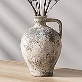 PORCER Antique Ceramic Vase, 8.3 Inch Terracotta Vase with Handle, Tuscan Decor Decorative Vase, Rustic Vase for Home Decor, Farmhouse, Living Room, Floor, Wedding, Christmas- Gray
