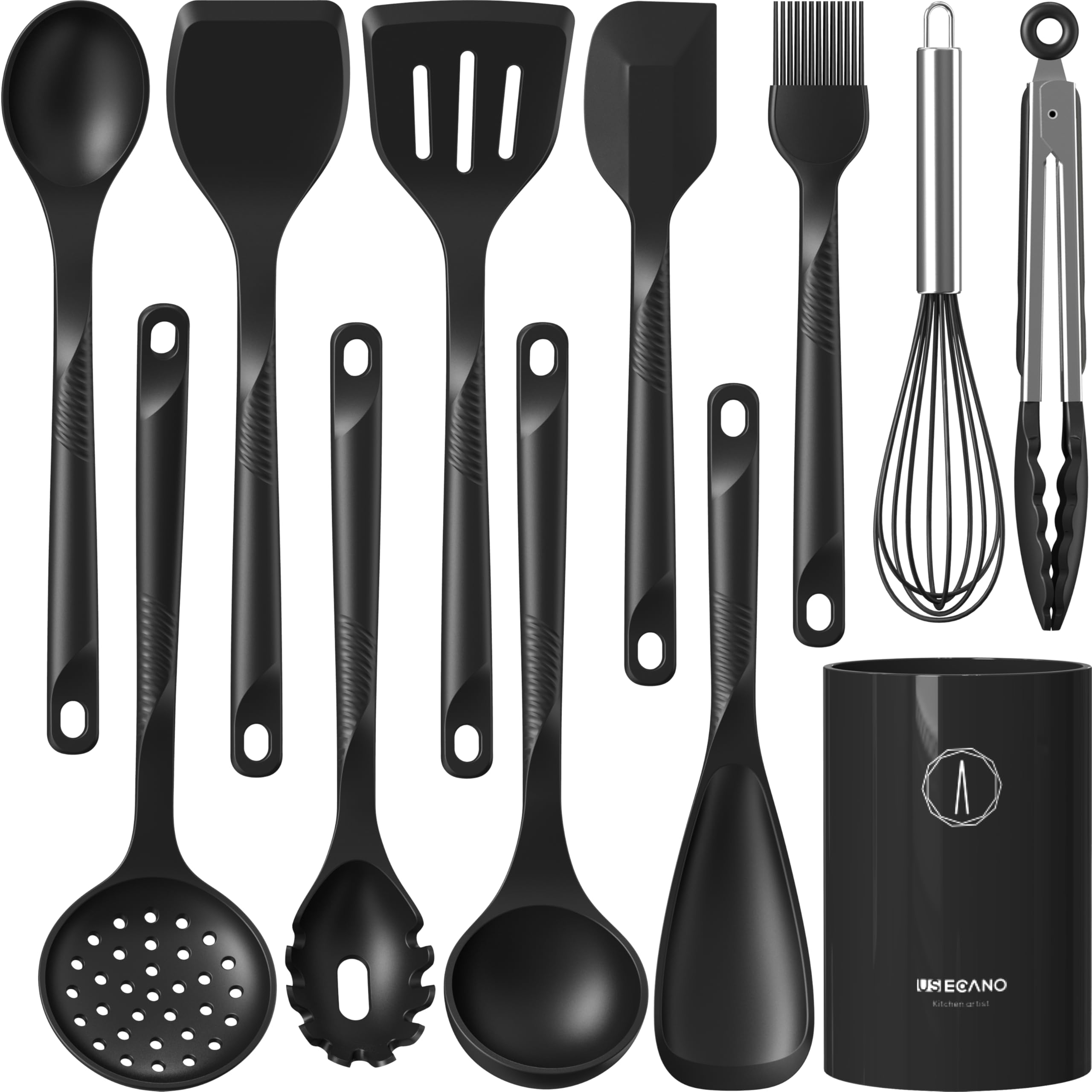 Photo 1 of Silicone Cooking Utensils Set - 600°F Heat Resistant, Nonstick Kitchen Utensil Set with Spatulas, Spoons, Whisk, Tongs, BPA Free, Dishwasher Safe, Black