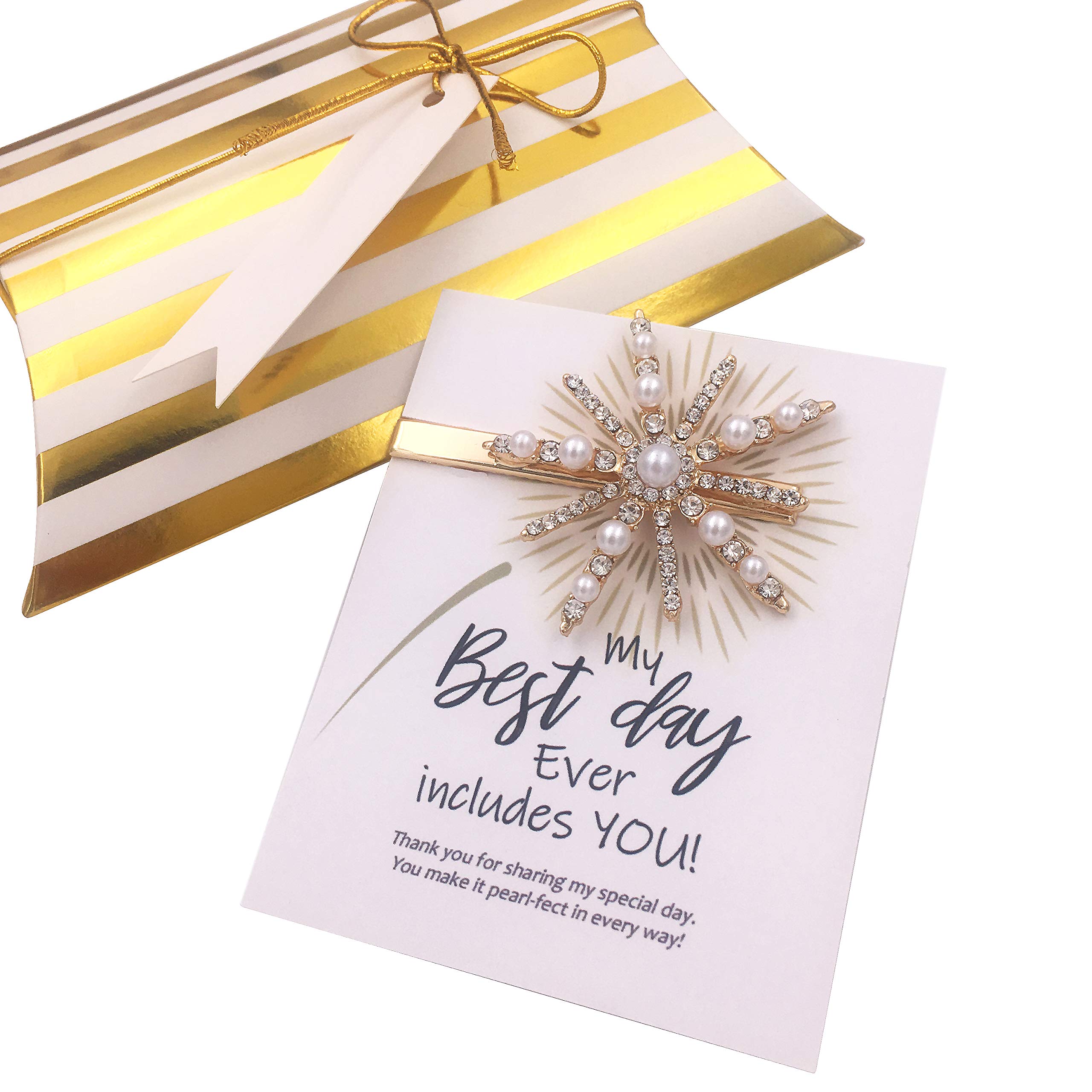 6 Sets Sparkly Firework Pearl Crystal Gold Hair Clips for Bridesmaid Wedding Gift Pillow Box Tag