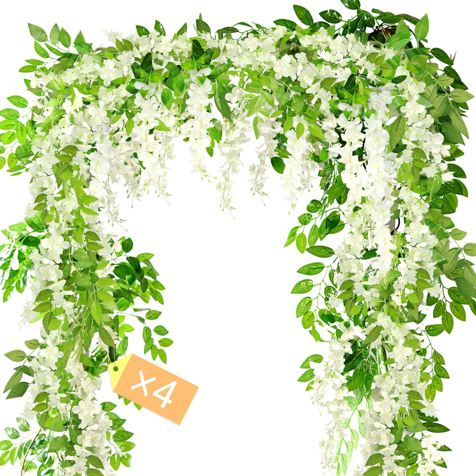 MOTONG Artificial Flowers Decoration, 4Pcs (8FT/2.5M/piece) Fake Flowers Wisteria Vines, Artificial Vine Garland Plants Arts For Ceremony Home Garden Wedding Party Decoration (4 Pcs White)