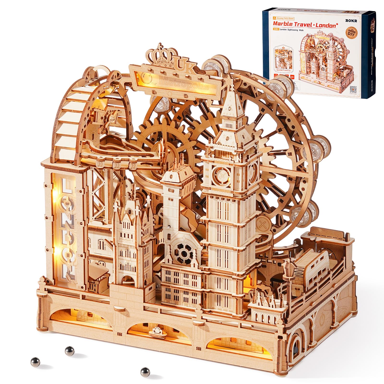 ROKR Marble Travel London EGB01 3D Wooden Puzzle for Adults Marble Run Model Kit with LED London Eye Big Ben Tower Bridge Craft Kits Home Desk Decoration Puzzle Gifts for Women Men