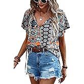 Angashion Women's Summer Tops Casual Floral Print V Neck Ruffle Short Sleeve Loose Tunic T Shirt Blouse