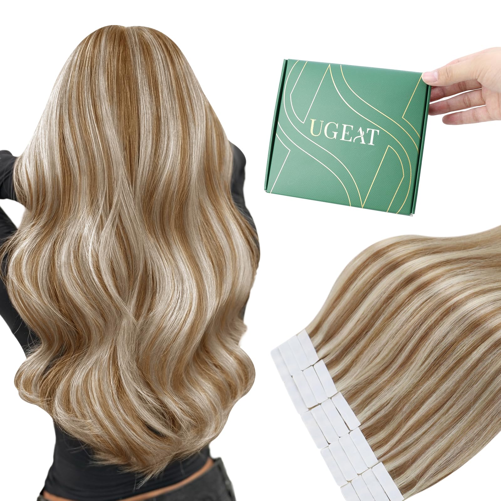 Ugeat 50 g Tape in Straight Hair Extensions 35 cm Remy Human Hair High Quality Double Sided Extension 18" P10/613#