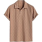 KOSYWAY Men's Argyle Openwork Jacquard Polo Shirt – Breathable Half Button Summer Knit T-Shirt