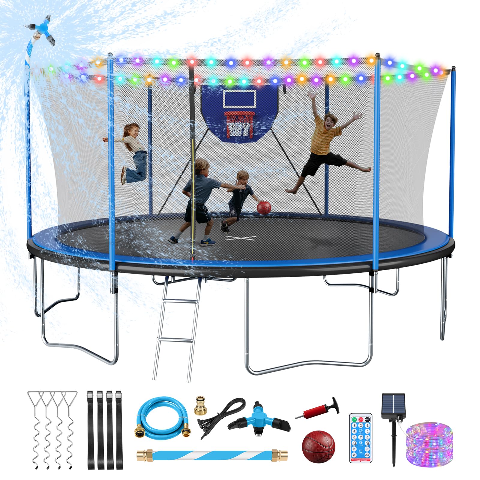 Photo 1 of *ONLY BOX 1 OF 2* Unovivy 15FT 14FT Trampoline for Kids and Adults with Light and Sprinkler, Outdoor Trampoline with Net, Large Backyard Bouncer with Basketball Hoop & Ladder, Capacity for 4-6 Kids and Adults