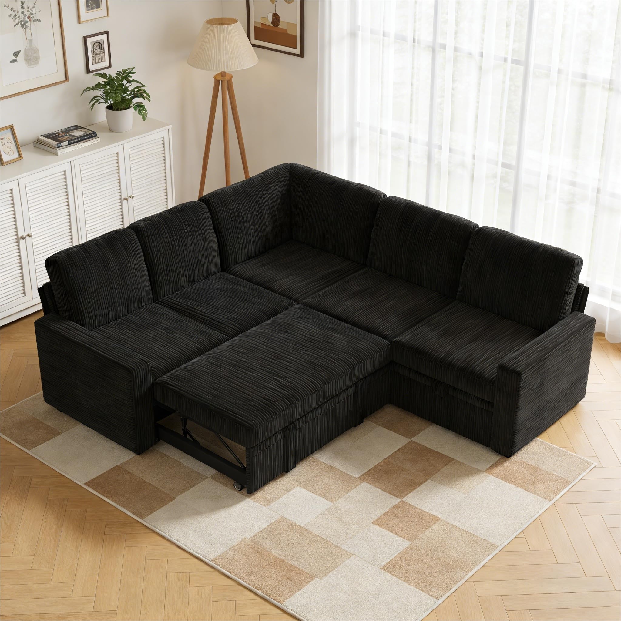 Photo 1 of **ONLY THE ARMS**Trygoal 5-Seater Large Sectional Couch with Pull Out Bed, L Shaped Corduroy Sofa with Storage, Convertible Modular Sofa, for Living Room, Apartment, Black
