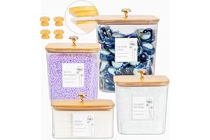 JOIAHAUS Clear Laundry Pods Container & Dryer Sheet Holder Set - Detergent Organizer & Dryer Sheets Container with Airtight Lids - Laundry Containers for Organizing with Scoops & Replaceable Knobs - 4 Pack