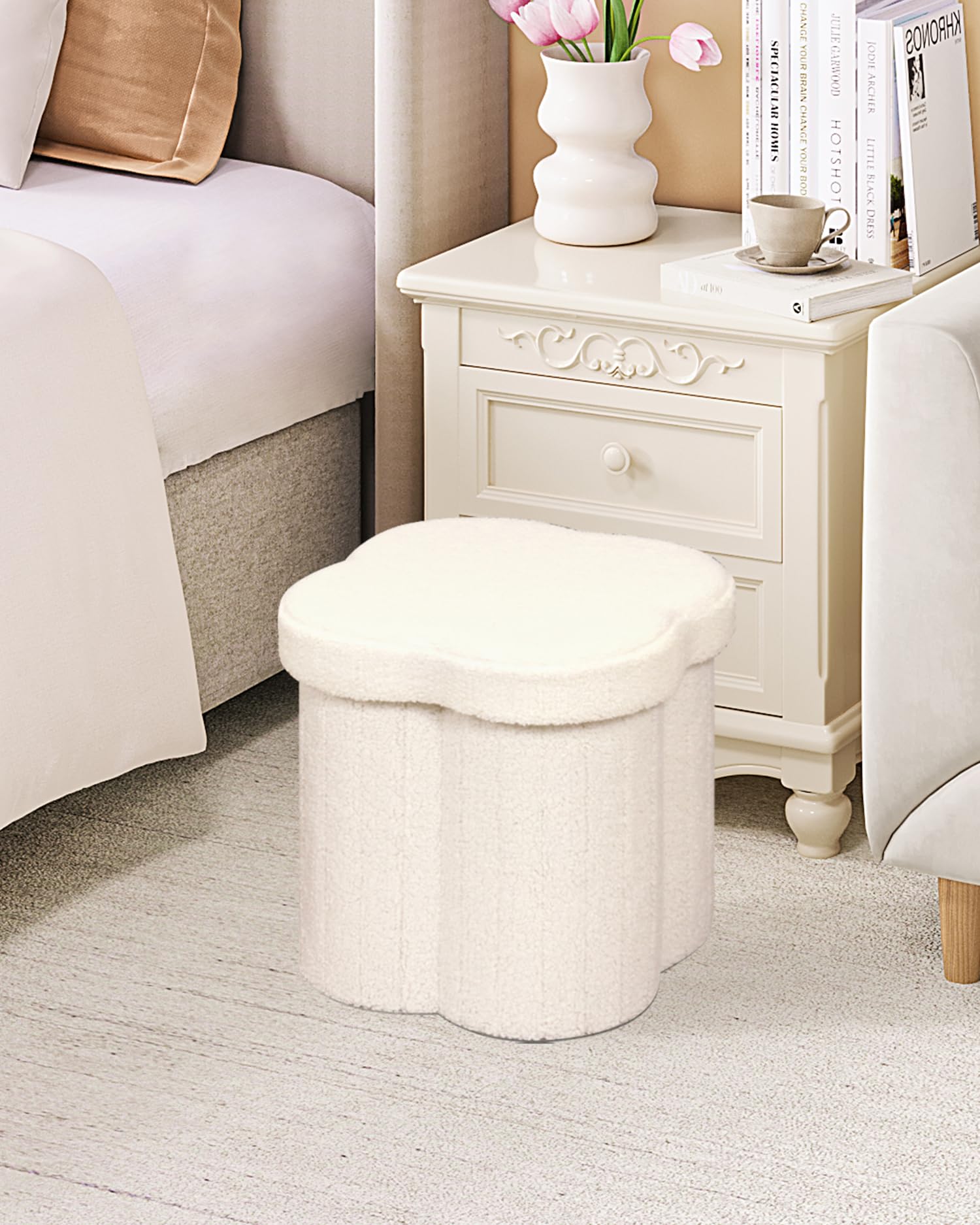 B FSOBEIIALEO Storage Ottoman Cube, Flowers Shaped Ottomans with Storage Foot Stool Footrest for Lving Room, Boucle Ottoman Seat for Dorm Room,Faux Teddy Fur, Cream White 12.6"x12.6"x12.6" - Image 4