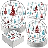 QIYANPAX 150 PCS Christmas Paper Plates and Napkins, Christmas Tree Disposable Plates Set, Holiday Party Supplies for Xmas Holiday Party Dinnerware Table Decorations, Serves 50
