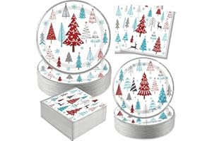 QIYANPAX 150 PCS Christmas Paper Plates and Napkins, Christmas Tree Disposable Plates Set, Holiday Party Supplies for Xmas Holiday Party Dinnerware Table Decorations, Serves 50