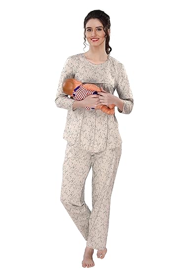 Women Cotton Printed Maternity & Feeding Top & Pyjama Set