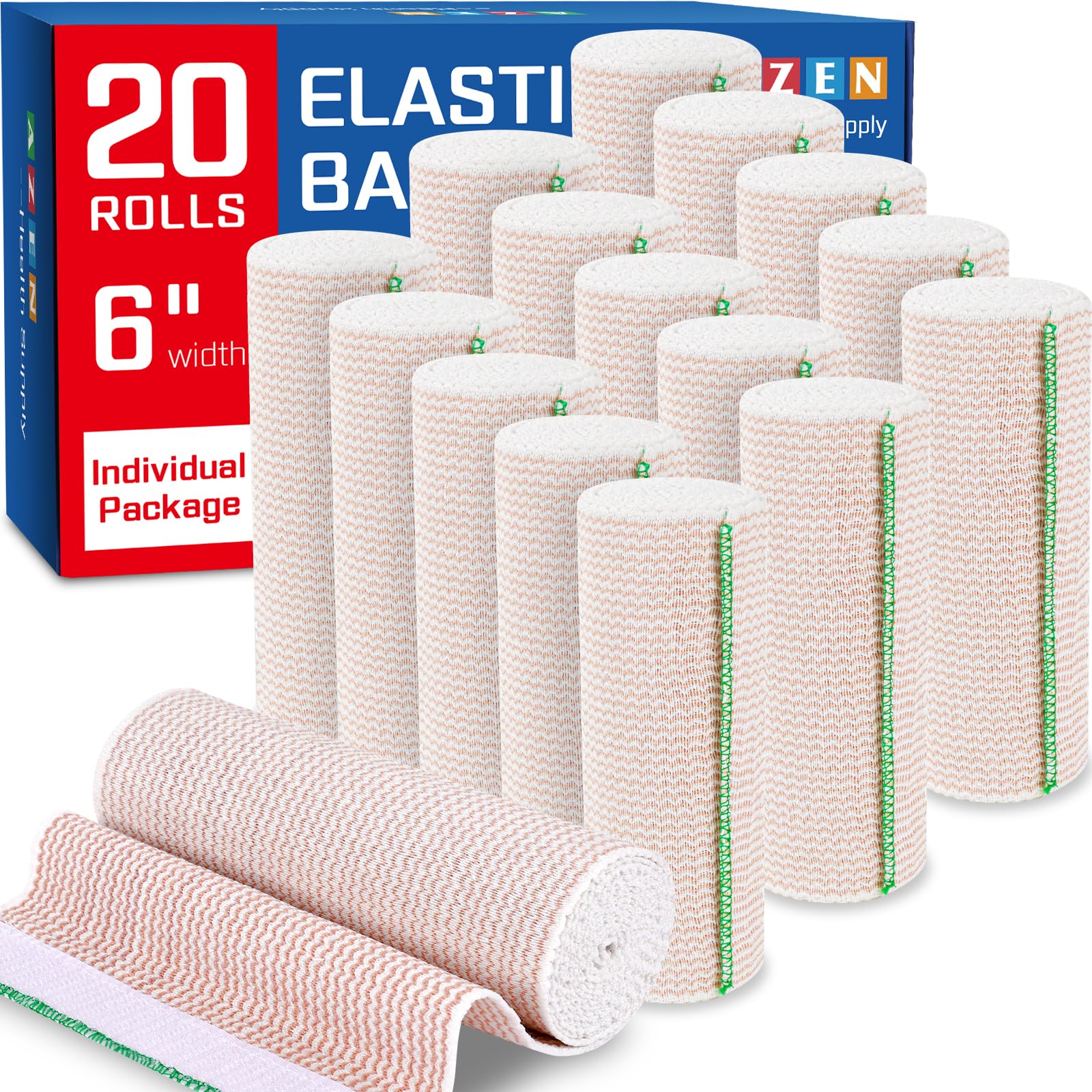 Photo 1 of AZEN Premium 20 Pack Elastic Bandage Wrap 6 Inch, Compression Wrap Bandage for Legs, Ankle, Knee, Tummy, Body, Latex-Free, Lymphedema Wraps for Legs