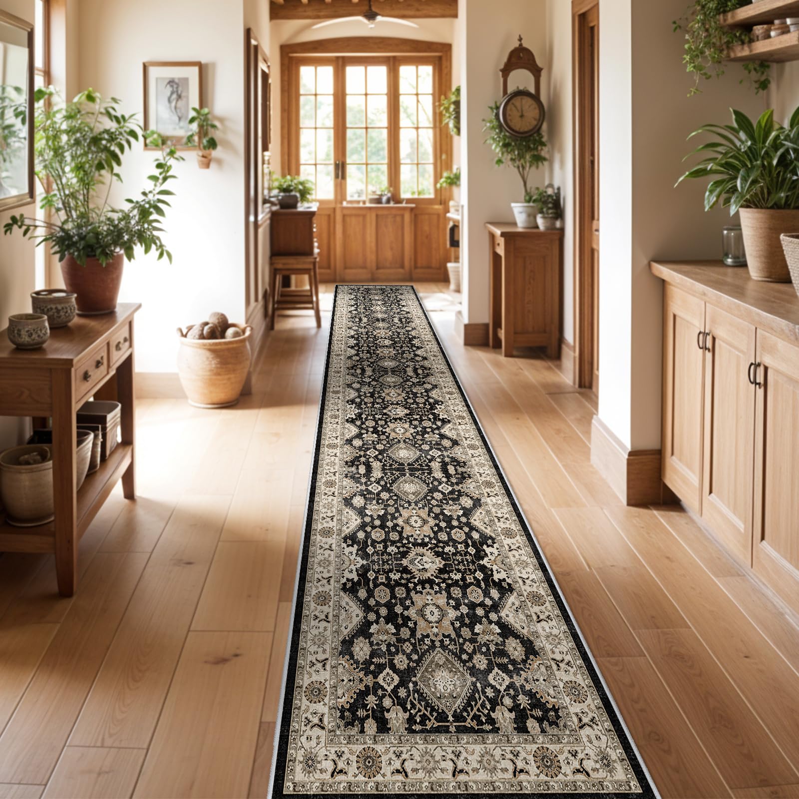 Photo 1 of Washable Hallway Runner Rug 3x16: Non Slip Runner Rugs with Rubber Backing Soft Kitchen Rug Farmhouse Distressed Carpet Runner for Living Room Bedroom Bathroom (Black, 3X16)