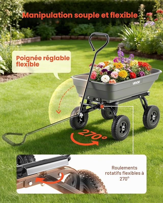 Chariot de Jardin Basculant Max. 181 kg Chariot à Benne Basculante en PP pour Transport de Bois Plantes Terre, Basculement à 90°, 4 Roues Increvables Pivotantes à 180°, Roulement Rotatif à 270°