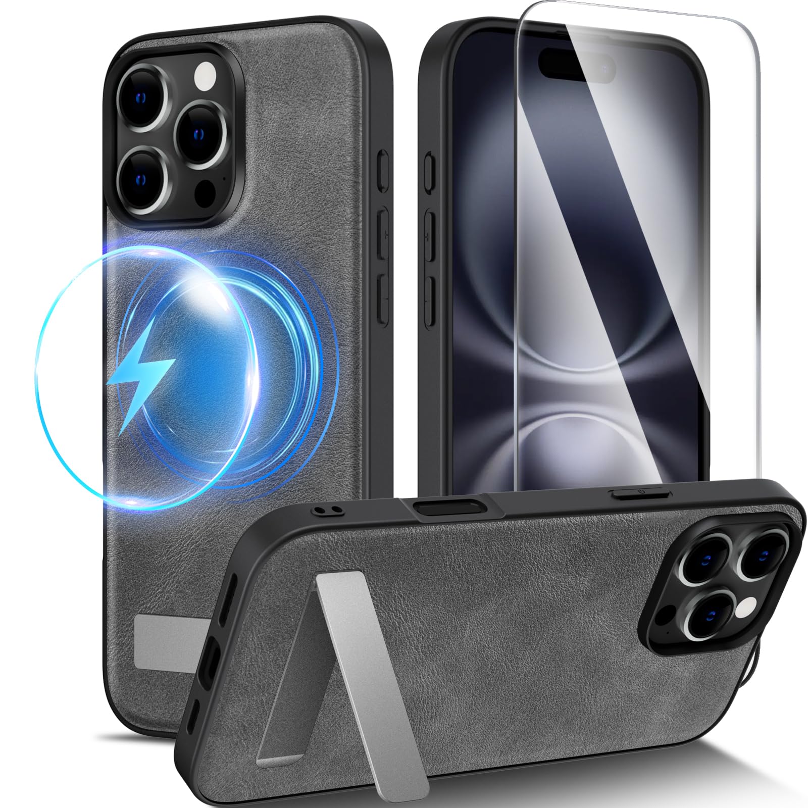 X-level for iPhone 16 Pro Case for Magsafe, PU Leather Case with Screen Protector, Adjustable Stand, Shockproof Anti-Slip Anti-Fingerprint Magnetic Phone Case for iPhone 16 Pro, Gray