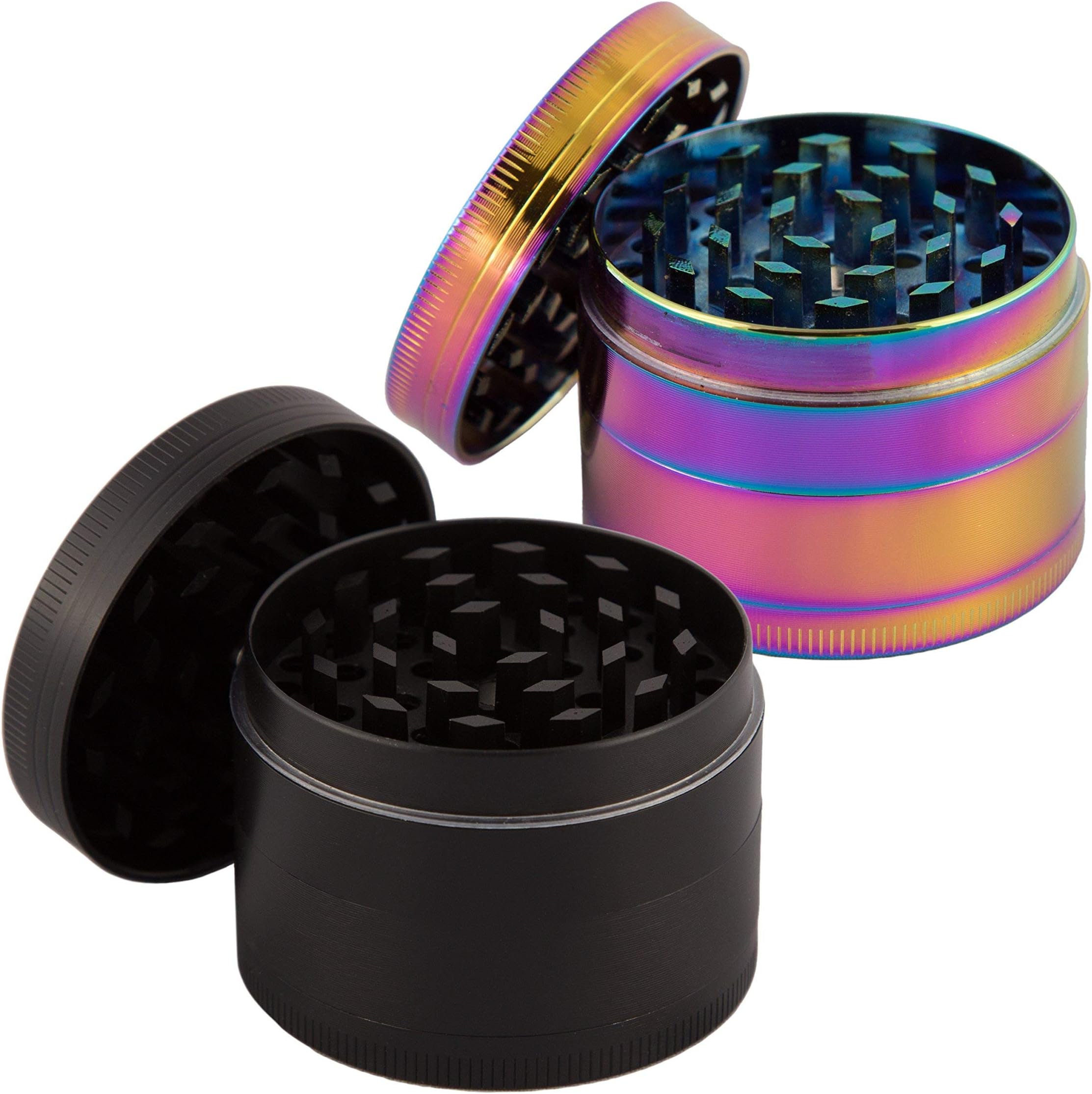 Two Zinc Alloy Herb Grinders One Black and One Rainbow by HVN - Each Are 2” and Feature 4 Layers