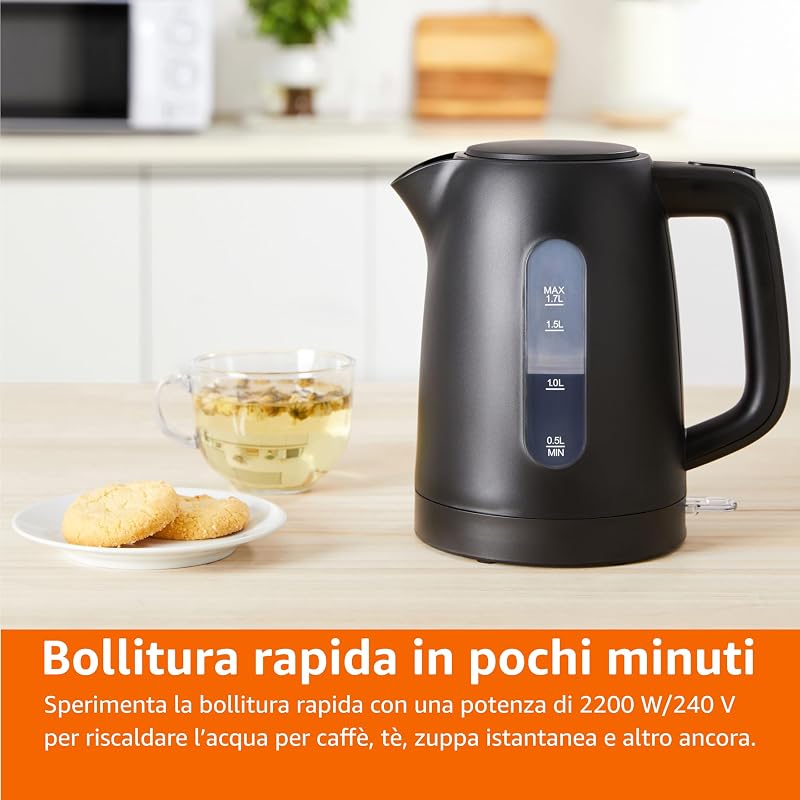 Bollitore Elettrico 1,7L, 2200 W, Senza BPA con Base a 360°, Spegnimento Automatico e Filtro Anticalcare Estraibile, Nero Opaco