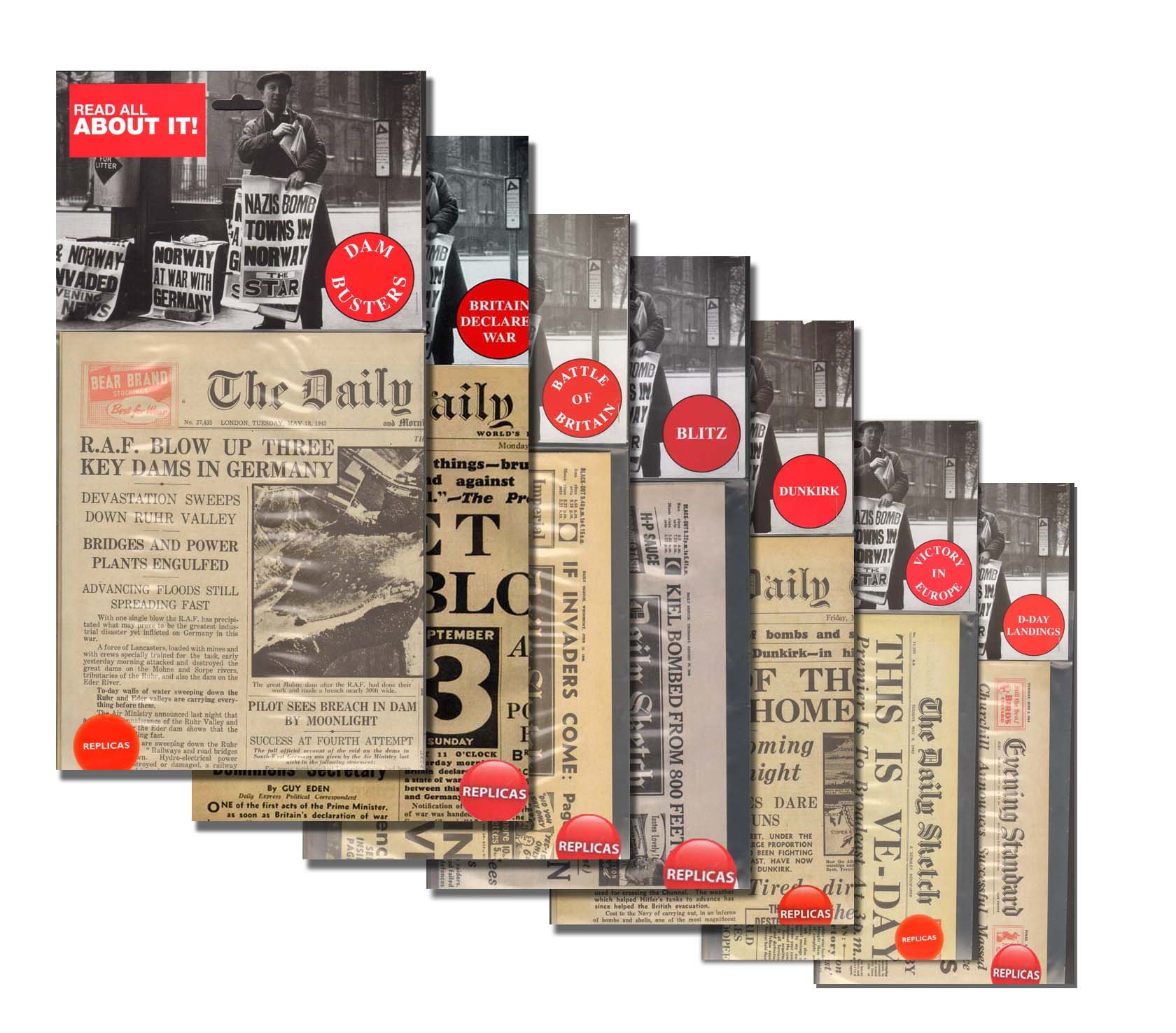 Memorabilia Pack Co. WW2 Replica Newspaper Bundle: 7 Titles (Britain Declares War, Battle of Britain, Dunkirk, D Day, Blitz, Dambusters, VE Day) - Historical Replica Set - Adults 7+
