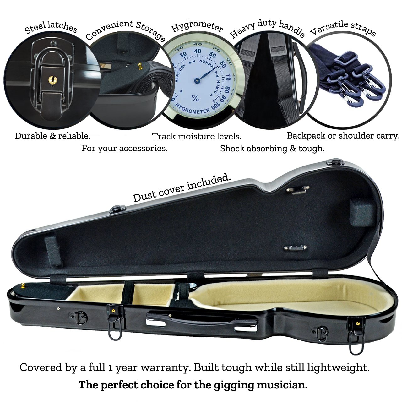 Portland 4/4 Full Size Shaped Hard Violin Case with BuiltIn Hygrometer