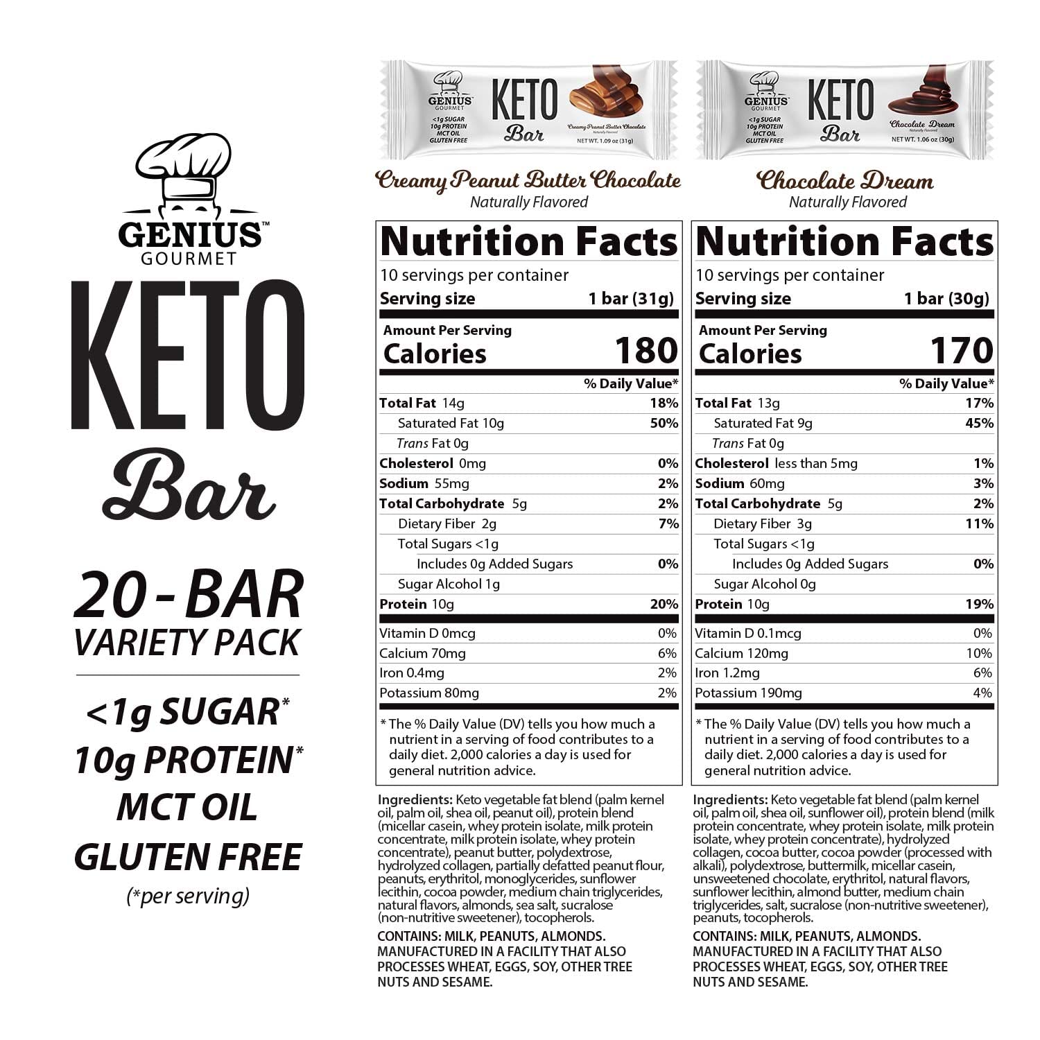 Genius Gourmet Gluten Free Keto Protein Bar, Chocolate Keto Bars, Premium MCTs, Low Carb, Low Sugar (Variety Pack, 20 Count (Pack of 1))