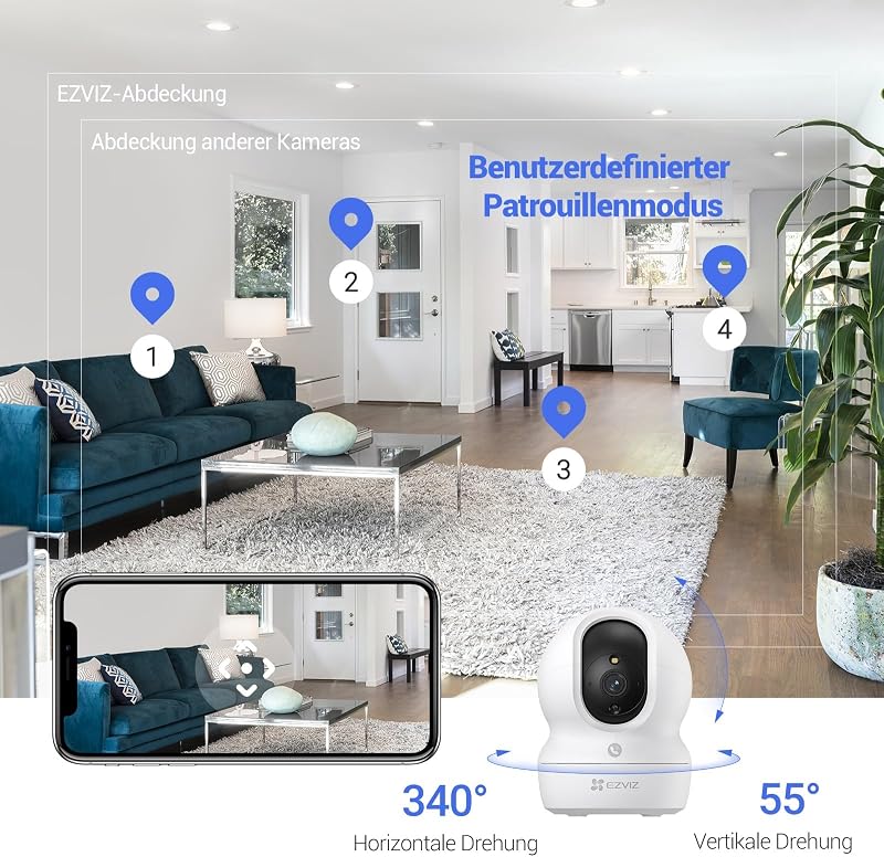 2K WLAN Überwachungskamera Innen, 360º PTZ Indoor Kamera mit Personenerkennung und -verfolgung, Farbige Nachtsicht, Geräuscherkennung, Zwei-Wege-Audio, Auto-Crusier, CP1 Pro
