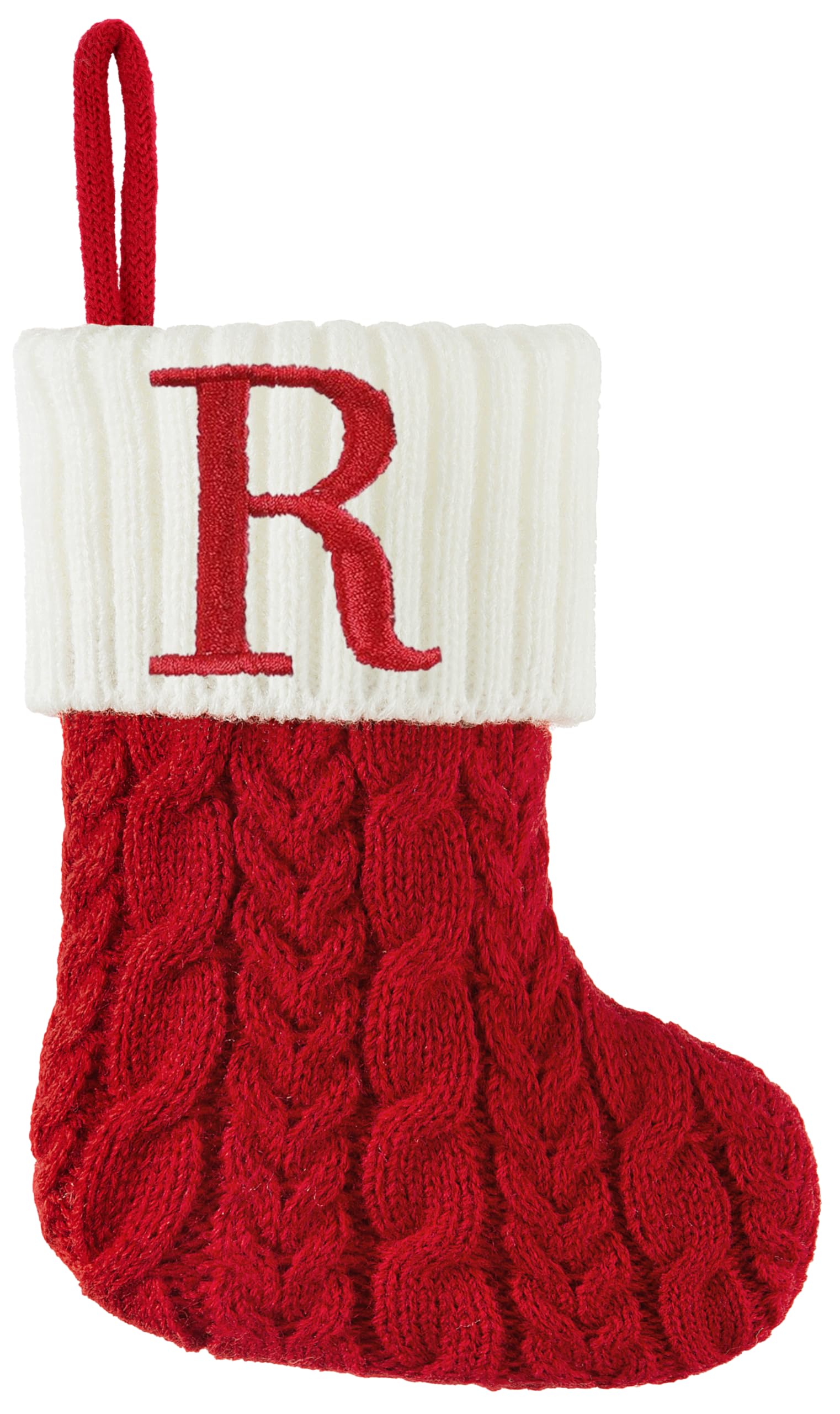 Photo 1 of Christmas Stockings with Initials, 7 Inch Mini Letter Stocking, Embroidered Small Red White Cable Knitted Christmas Decoration for Home Family Holiday Xmas Tree Fireplace Gifts-Letter R