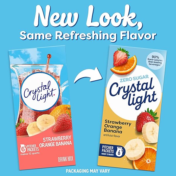 CRYSTAL LIGHT DRINK MIX, 6 PITCHER PACKETS, FOR FLAVORFUL HYDRATION AND SHAREABLE REFRESHMENT, STRAWBERRY ORANGE BANANA ARTIFICIAL FLAVOR, ZERO SUGAR, LOW CALORIE, 2.4 OZ