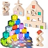 Woodtoe Wooden Rainbow Building Blocks Set for Kids | 22 PCS Wooden Blocks & 25 PCS Acrylic Gem Cubes Sensory Toys | Montesso
