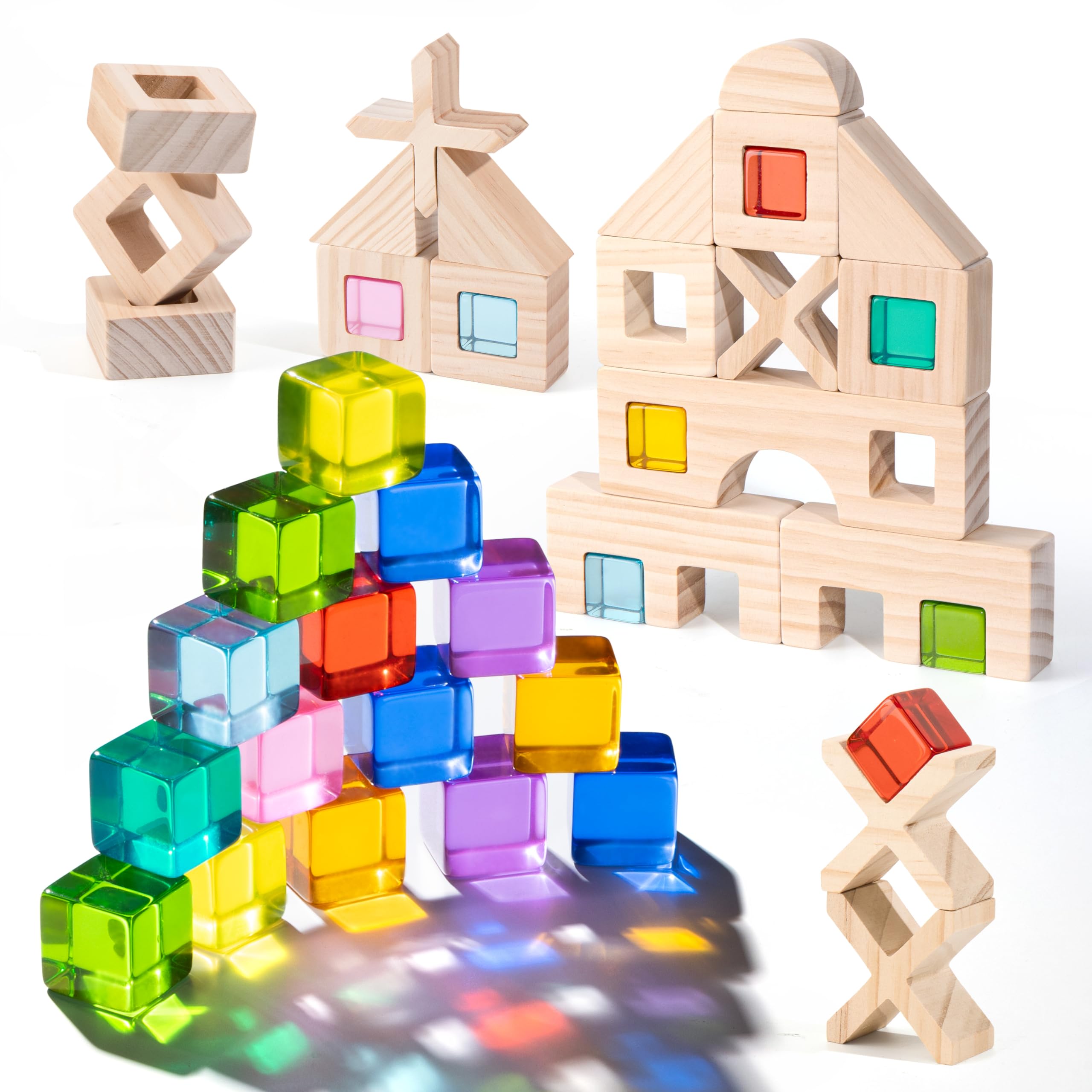 Woodtoe Wooden Rainbow Building Blocks Set for Kids, 22 PCS Wooden Blocks & 25 PCS Gem Cubes Stacking Blocks, Montessori Stacking Toys for Toddlers, Educational STEM Christmas Toys for Boys Girls 3-6