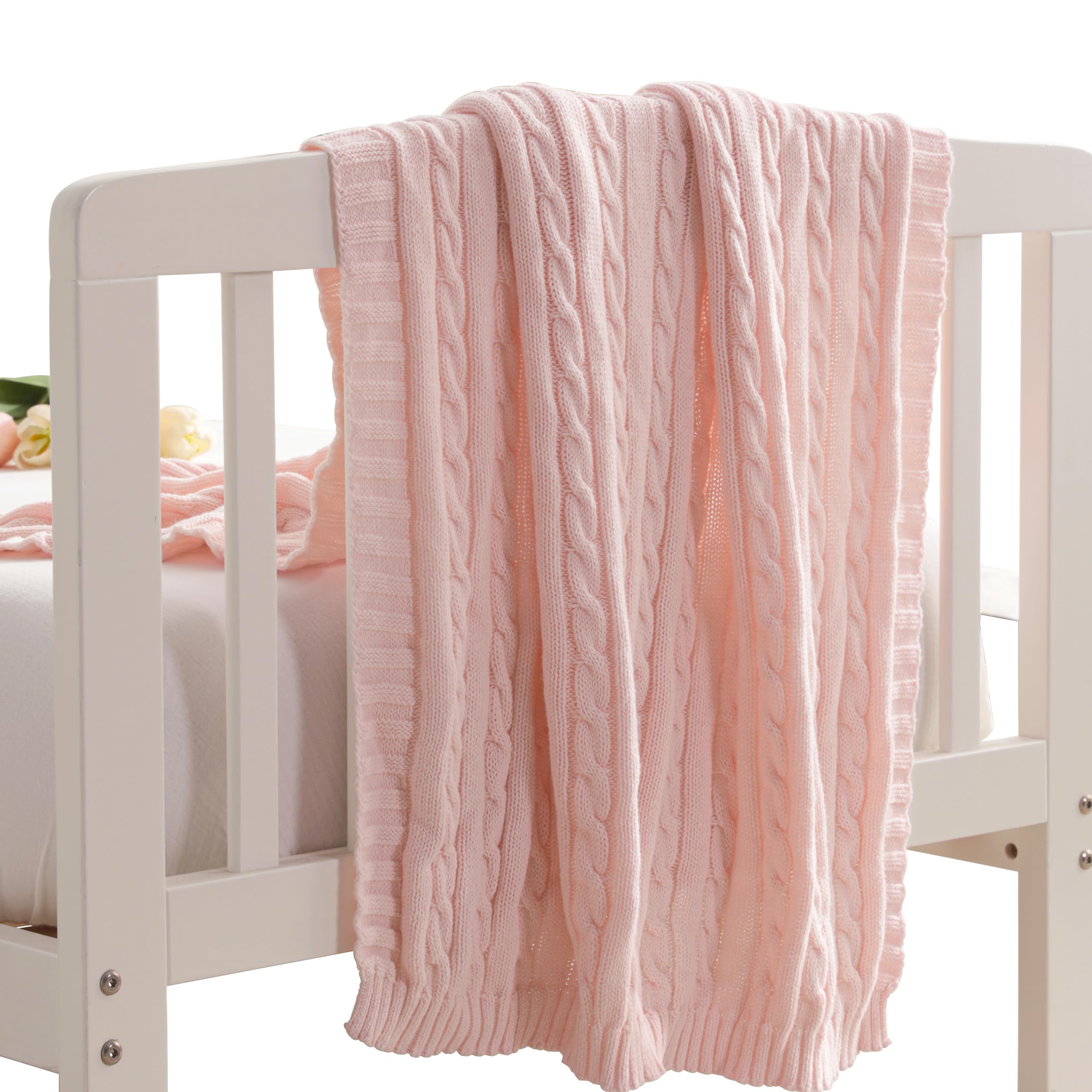 NTBAY 100% Pure Cotton Cable Knit Toddler Blanket, Super Soft and Warm Breathable Baby Blanket for Cot Bed, Stroller, Nursery, Travel, Newborn, Baby Pink, 76x102 cm