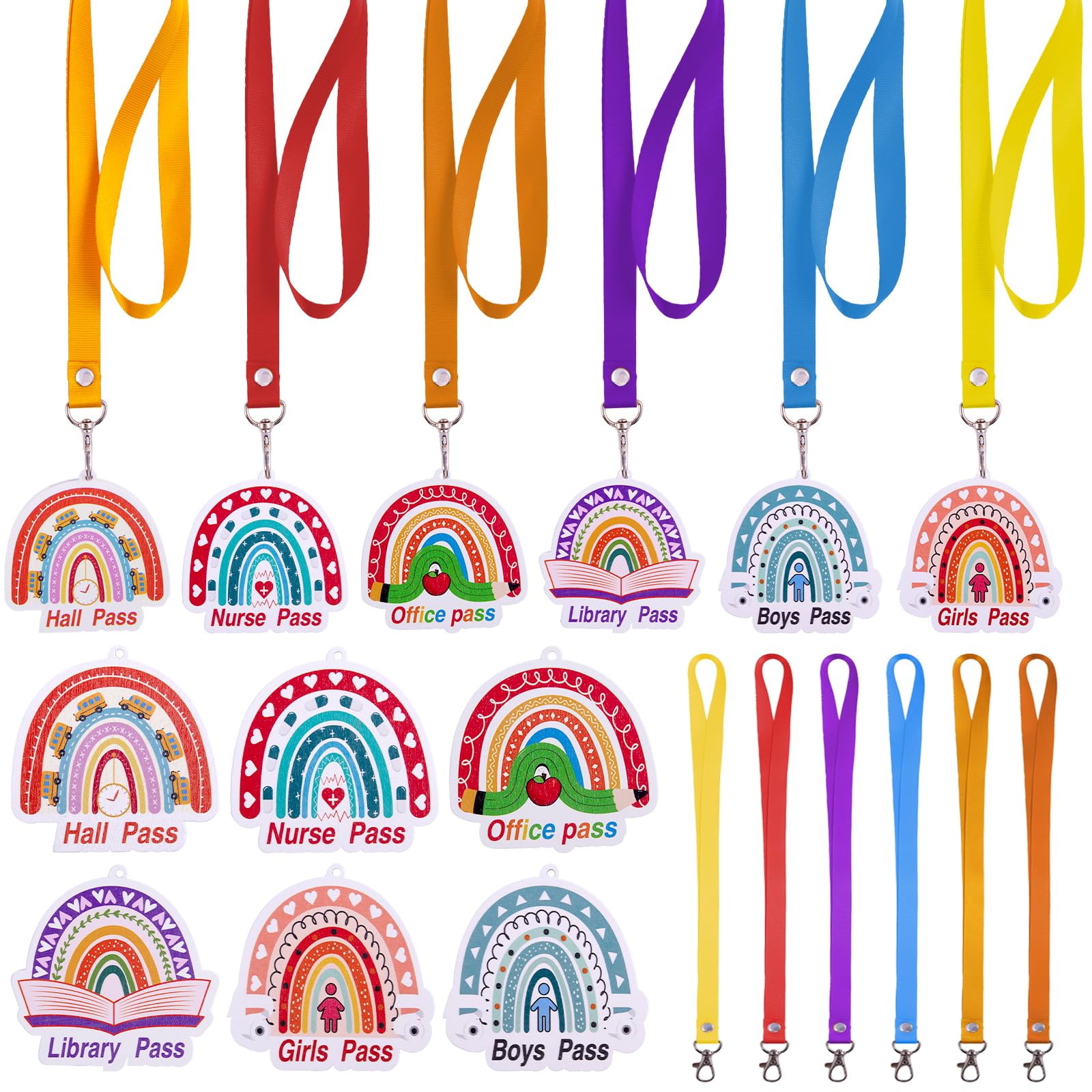 Photo 1 of 12 Sets Wooden Boho Rainbow Hall Passes for Classrooms Elementary Back to School Unbreakable Hall Pass Lanyards and School Passes Unbreakable Bathroom Passes for Classrooms Hall Library Nurse Office
