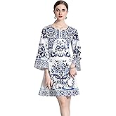 LAI MENG FIVE CATS Women's Floral Print Flare Sleeve Round Neck Casual A-line Mini Dress