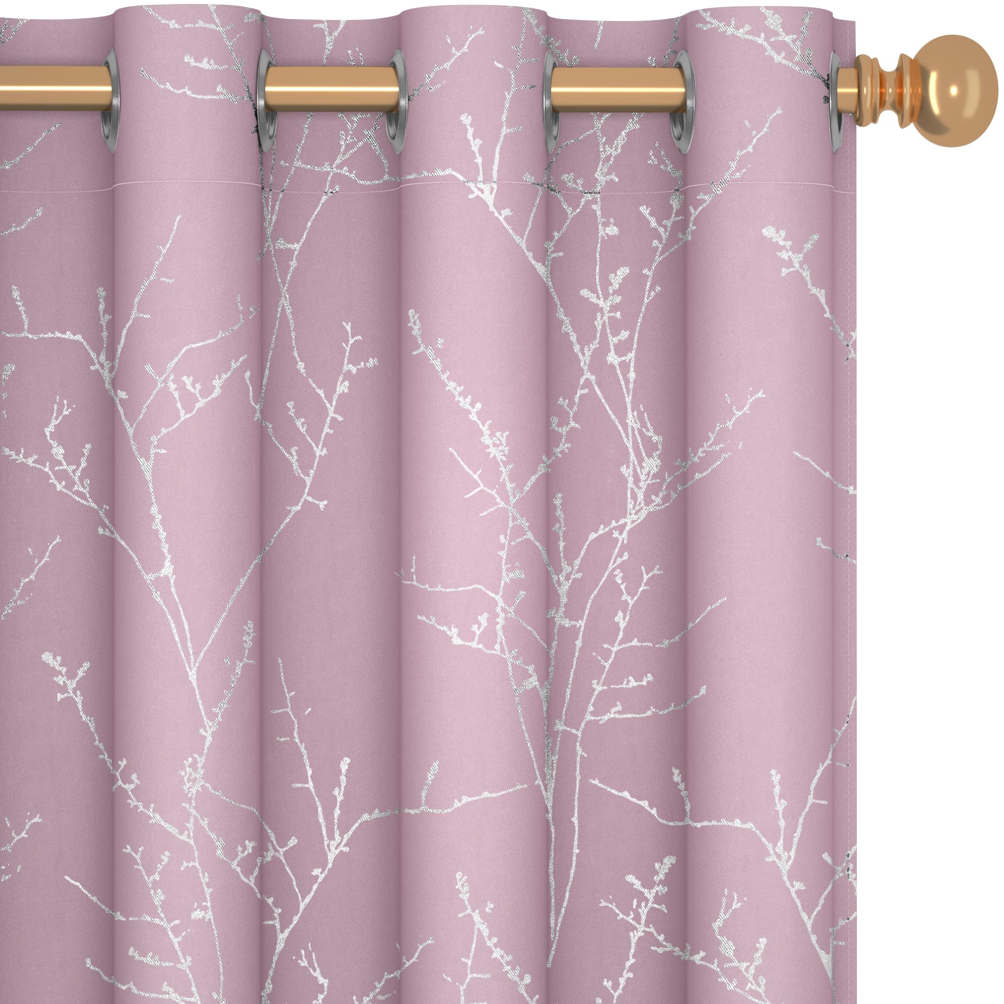 Deconovo Blackout Curtains Thermal, Tree Branches Printed Eyelet Curtains for Nursery, Baby Pink, 46 x 54 Inch (Width x Length), 2 Panels