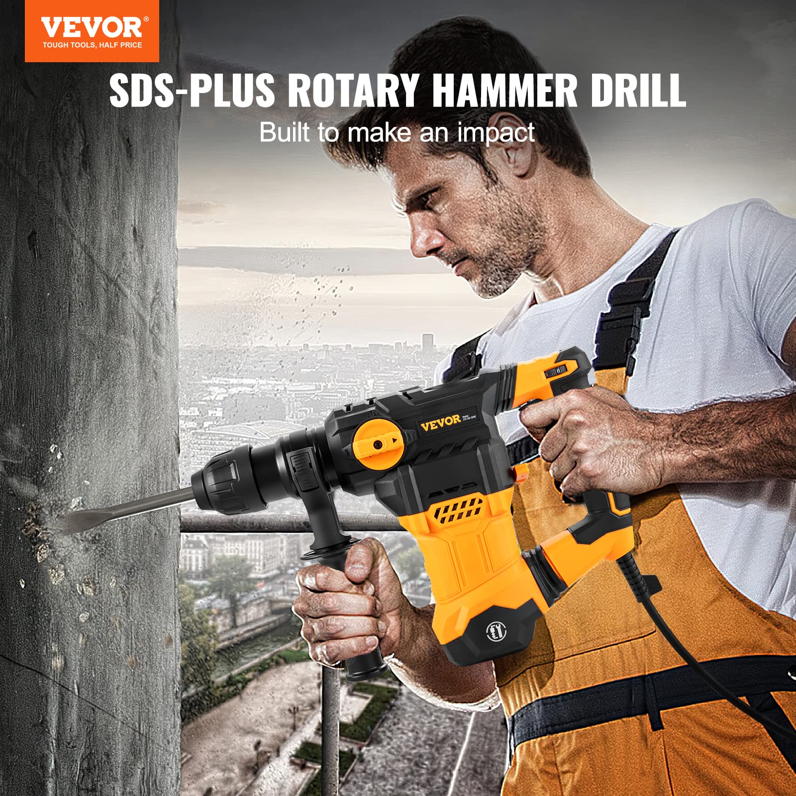 VEVOR 1-1/4 Inch SDS-Plus Rotary Hammer Drill, 13 Amp Corded Drills, Heavy Duty Chipping Hammers w/Vibration Control & Safety Clutch, Electric Demolition Hammers Variable Speed, Power Tool For Concret