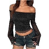 WDIRARA Women's Glitter Off The Shoulder Top Long Bell Sleeve Tee Shirt Party Club Crop Top