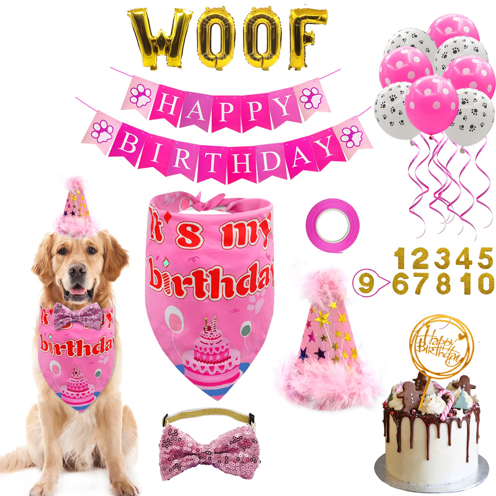 Dog Birthday Party Supplies, LMSHOWOWO Dog Birthday Bandana Girl, with Hat, WOOF Balloons, Elastic Bow Tie, Sticky Number, Banner, Cake Topper for Small Medium Large Dogs (Pink)