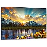 SKASNFAI Grand Teton National Park Wall Art Sunflower Landscape Canvas Mountain Artwork Landscape Print for Living Room Framed (12x16 inch)