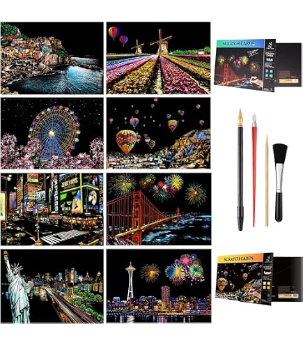 Lot de 8 feuilles de papier de peinture arc-en-ciel phosphorescentes avec outils, tableau à gratter paysage pour adolescents et adultes - Jouet Lot de 8 feuilles de papier de peinture arc-en-ciel phosphorescentes avec outils, tableau à gratter paysage pour adolescents et adultes - Jouet