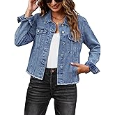 luvamia Denim Jacket for Women Distressed Jean Jackets Button Up Vintage Western Trucker Jacket Frayed Hem Pockets