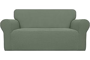 Easy-Going Stretch Loveseat Slipcover 1-Piece Sofa Cover Furniture Protector Couch Soft with Elastic Bottom for Kids Polyester Spandex Jacquard Fabric Small Checks (Loveseat, Greyish Green)