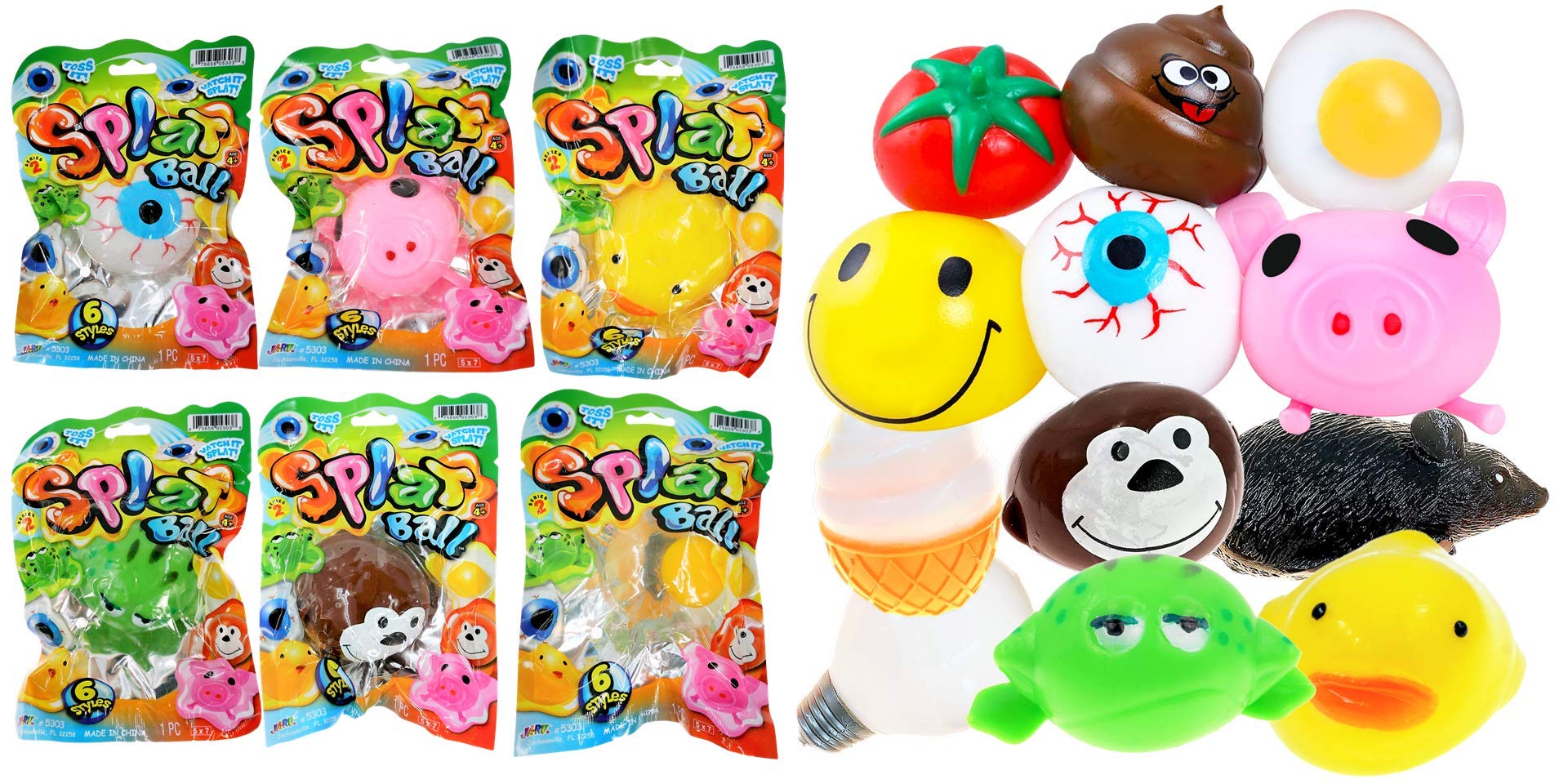 JA-RU Splat Ball Sticky Stress Ball (6 Units Assorted) Animal, Eggs, Squishy Pig Toys for Kids. Slow Rise Squishies. Novelty Toys & Amusements & Teacher Treasure Box Prizes. 5303-6p
