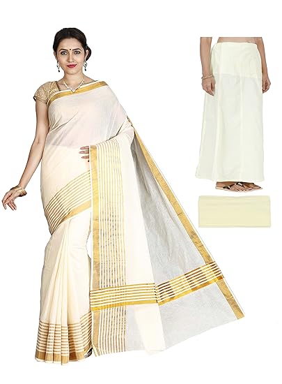 Women's Cotton Zari Fancy Stripe Kasavu Saree with Petticoat and Falls (SAKSA1026 SELF; Cream)