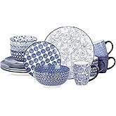 Selamica Ceramic Dinnerware Sets for 4, 16 Pieces Dishes Set, Scratch Resistant Plates and Bowls Sets, Microwave and Dishwasher Safe (Vintage Blue) A