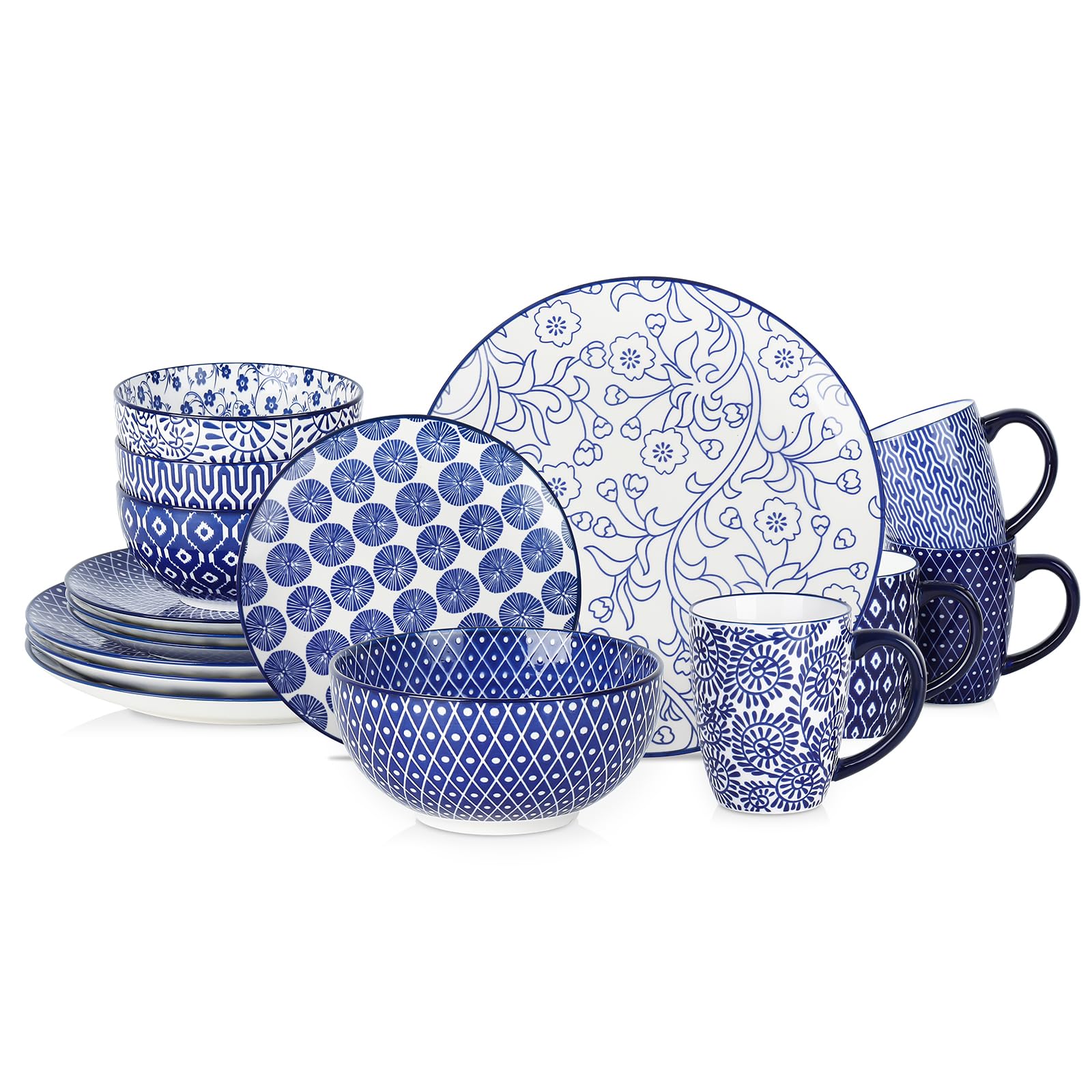 Selamica Ceramic Dinnerware Sets for 4, 16 Pieces Dishes Set, Scratch Resistant Plates and Bowls Sets, Microwave and Dishwasher Safe (Vintage Blue) A Image