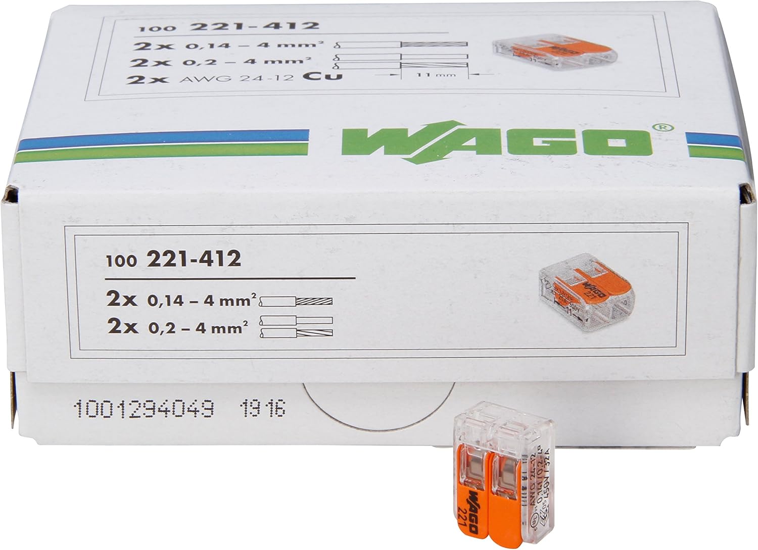 Kopp 33346426 WAGO 2-Way Plug-in Terminal with Lever for Flexible Wires Wiederöffenbar 1.5 - 2.5 mm² Pack of 100, Clear/Orange