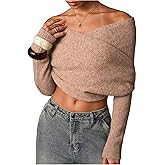 MakeMeChic Women's Off The Shoulder Pullover Sweater Wrap Long Sleeve Knitted Pullover Crop Tops Brown Large